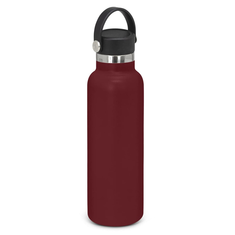 A drink bottle in deep red with a carry lid and metal accent, featuring a handle for easy transport.