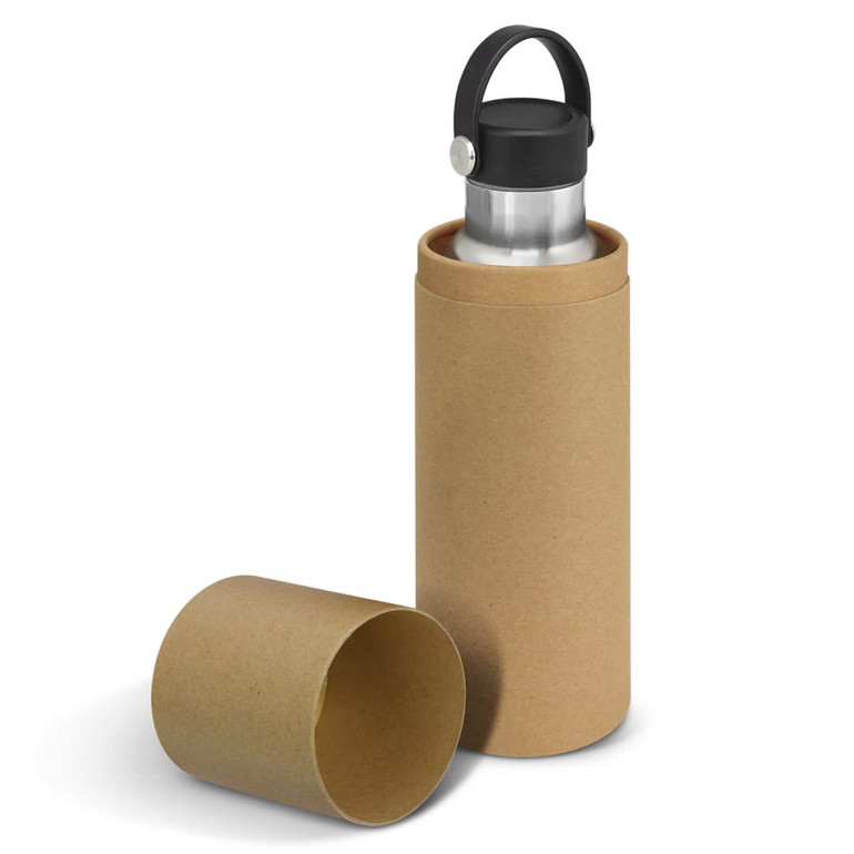 A drink bottle with a stainless steel finish, housed in a brown cardboard container, featuring a carry lid and a logo.