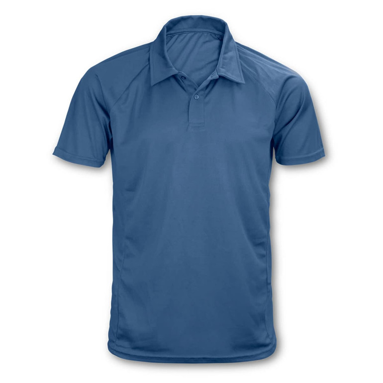 A blue men's polo shirt with a classic collar and short sleeves, featuring a logo on one side.