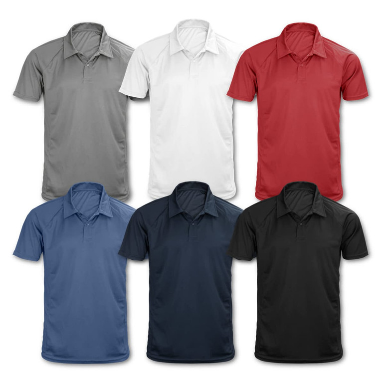 A collection of TRENDSWEAR Ace Performance Men's Polo shirts in grey, white, red, blue, navy, and black. Each shirt has a logo.