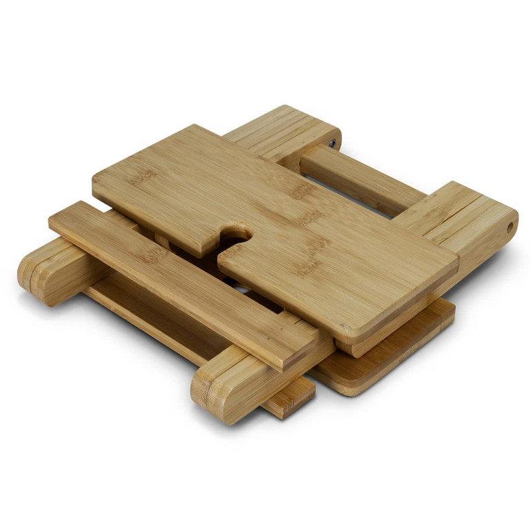 A bamboo folding wine table in natural wood finish, showcasing a compact and portable design with a cut-out feature.