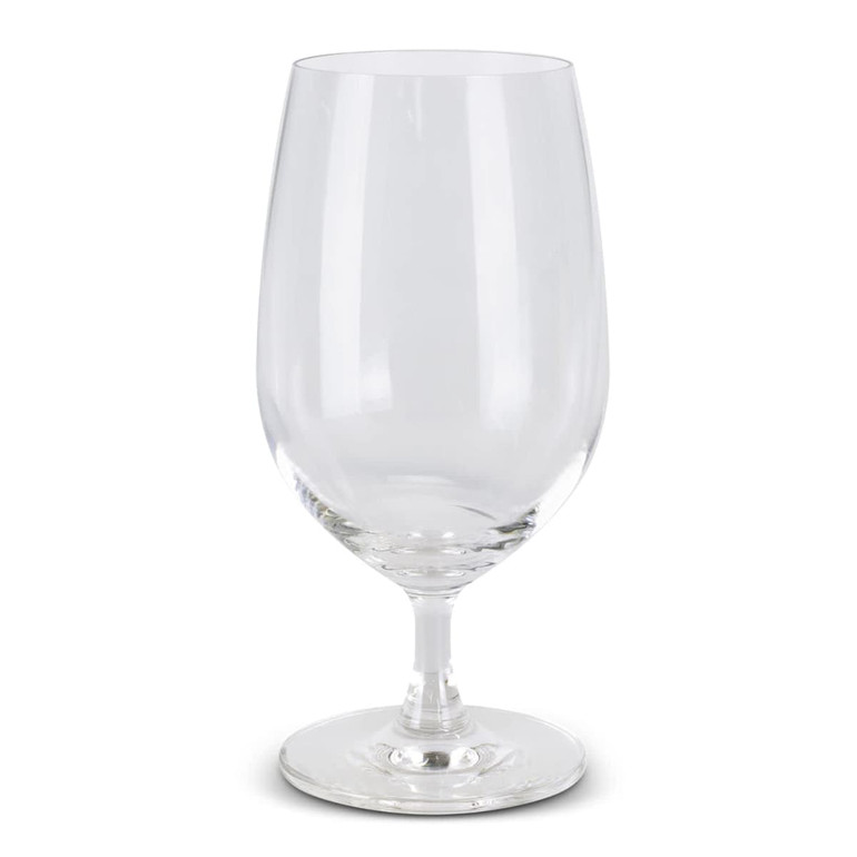 A clear, elegant beer glass with a stem and a wide bowl, showcasing a sleek design.