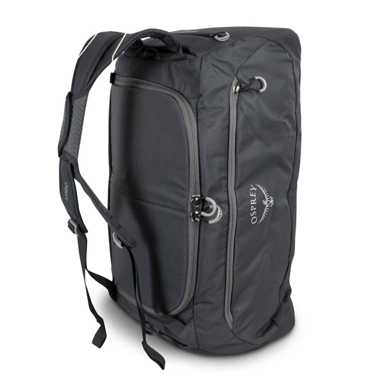 A grey duffle bag featuring shoulder straps and a logo, designed for versatile storage and transport.