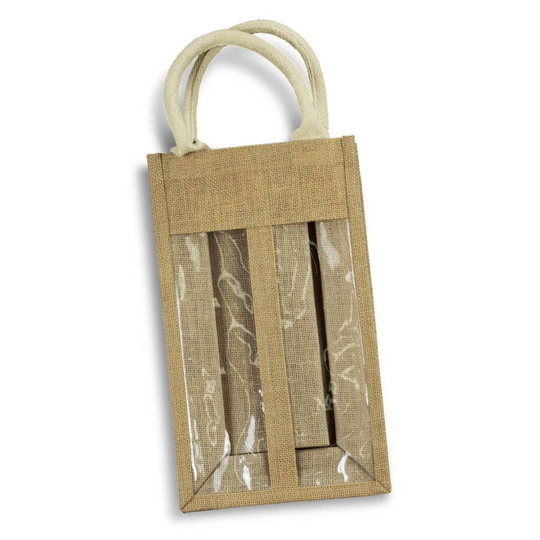 A jute double wine carrier with transparent panels and cream handles, in a natural beige colour.