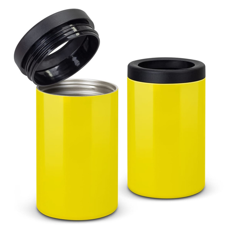 A drink bottle in vibrant yellow, featuring a black lid and a sleek design, with a shiny finish and a logo.