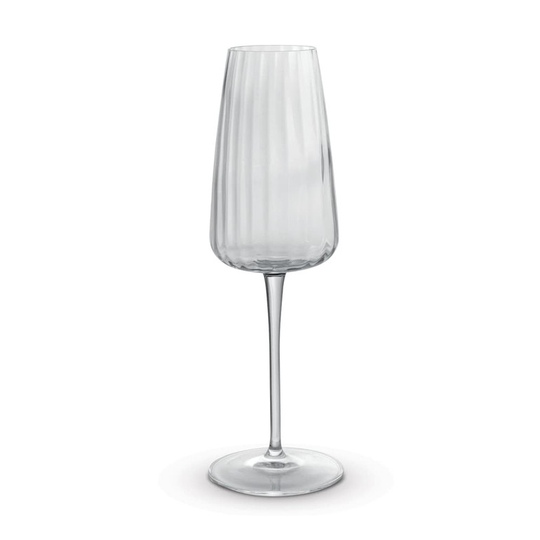 A clear glass flute with a ribbed design and a slender stem, featuring a simple, elegant silhouette.