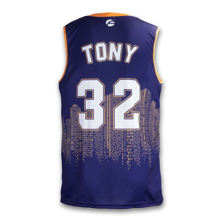 A custom men's basketball top in navy blue and yellow, featuring a skyline design and a logo.