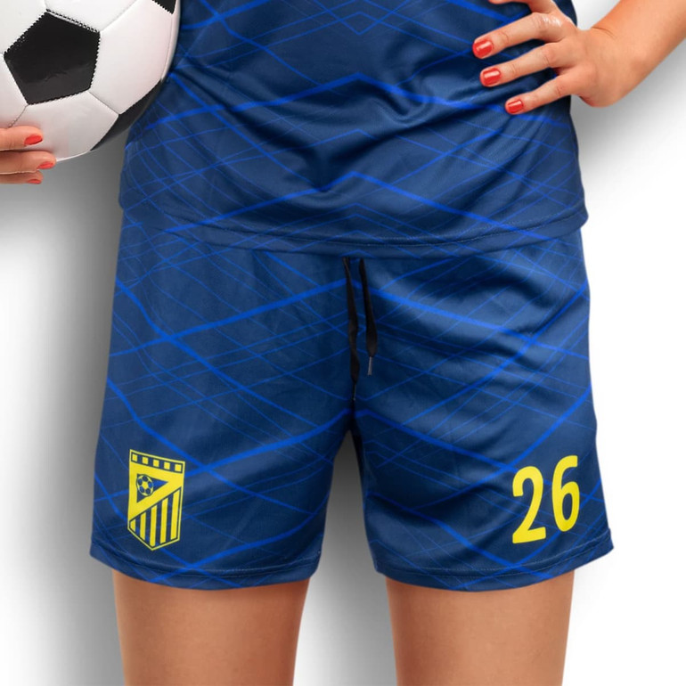 Custom women's soccer shorts in blue with a geometric pattern and a logo on the side. Features a drawstring waist.