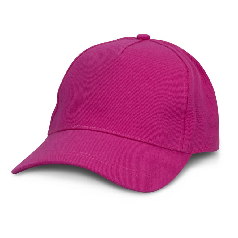 A bright pink cap with a curved brim and a logo on the front.