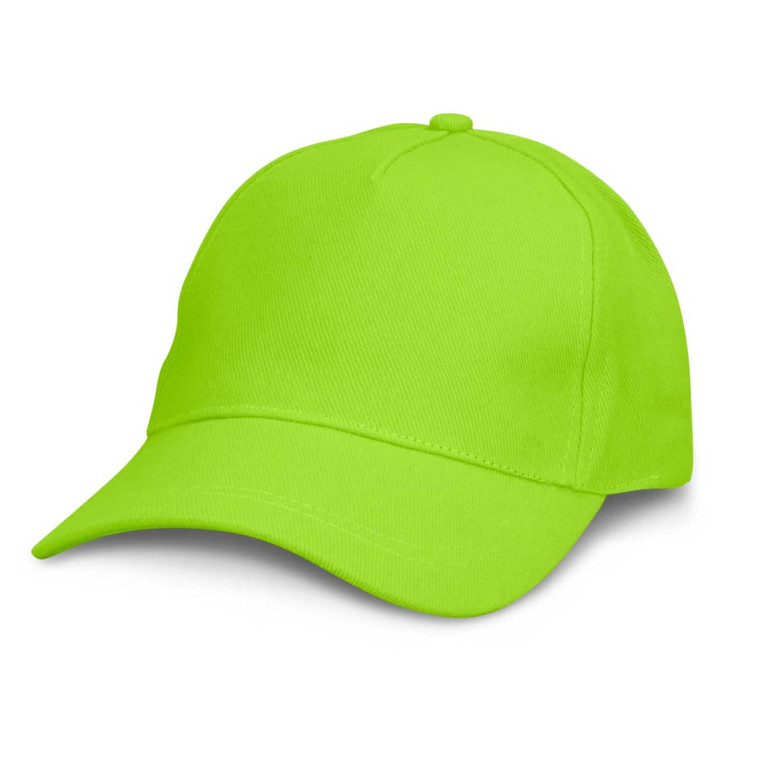 A bright green cap with a rounded crown and a curved visor. It features a logo on the front.