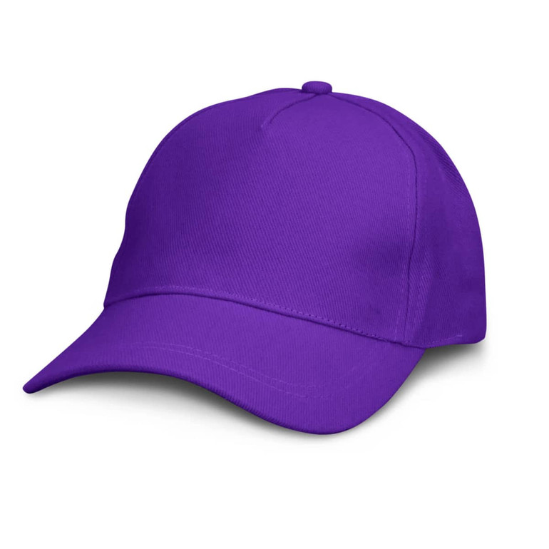 A purple cap with a curved brim and a structured body, featuring a logo on the front.