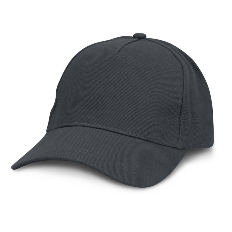 A dark grey cap with a structured front and curved brim, featuring a logo on the front.