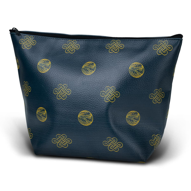A medium cosmetic bag in dark blue with a gold pattern, featuring a zip closure and an interior compartment.