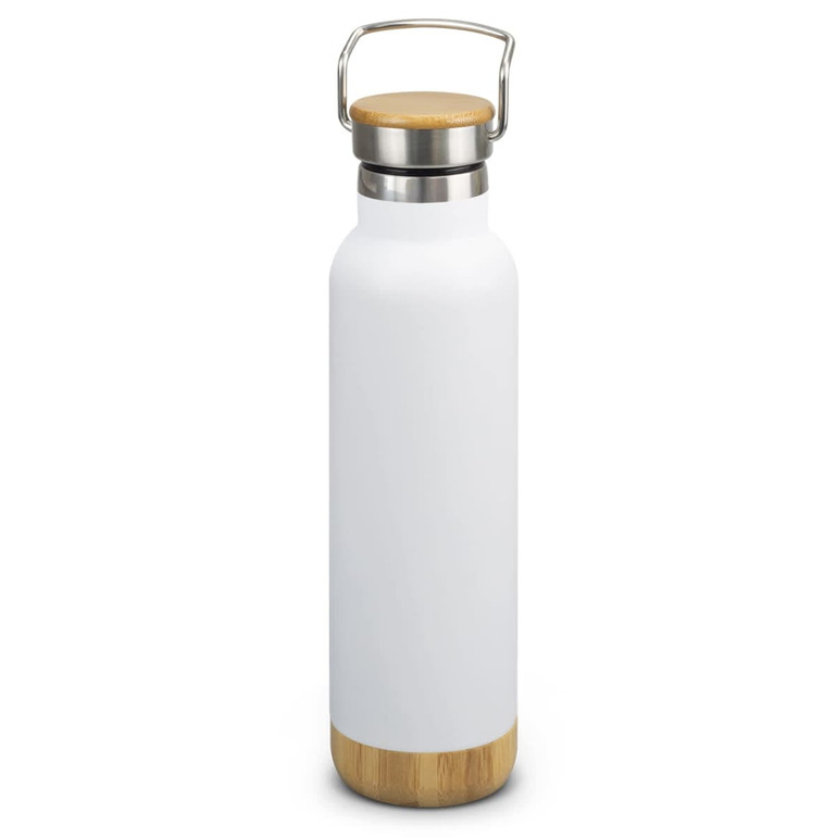 A drink bottle in white with a bamboo base and a stainless steel top, featuring a metal handle and a logo.