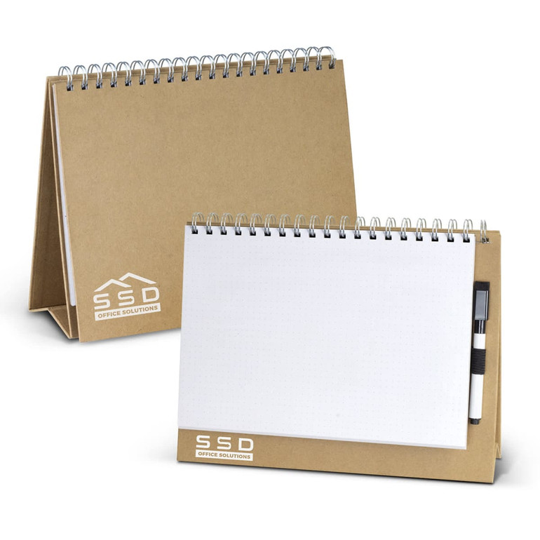 A desk whiteboard notebook featuring a spiral binding, a grey exterior, and includes a marker.