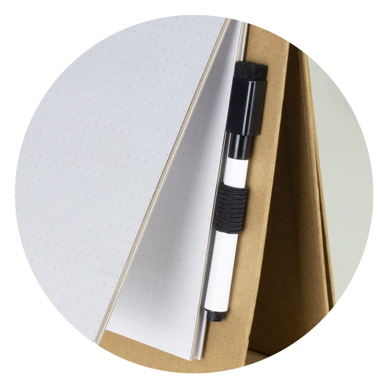 A whiteboard notebook in a triangular shape with dot grid pages and a black pen attached. Includes a simple logo.