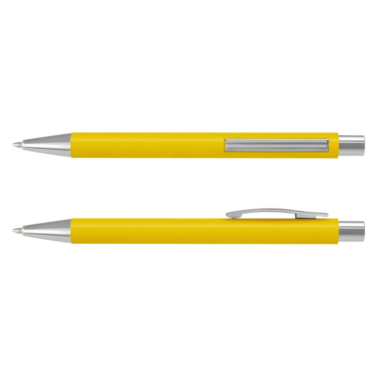 A yellow soft-touch pen with silver accents and a clip. The pen is displayed from two angles.