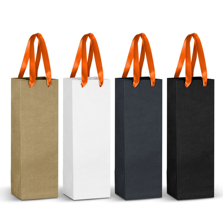 A set of four paper bags in cream, white, green, and black with orange ribbon handles. Each bag has a logo.