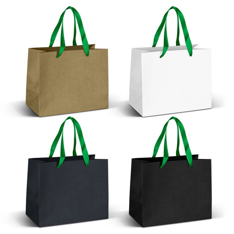 Medium ribbon handle paper bags in khaki, white, and black colours, featuring green ribbon handles and a logo.