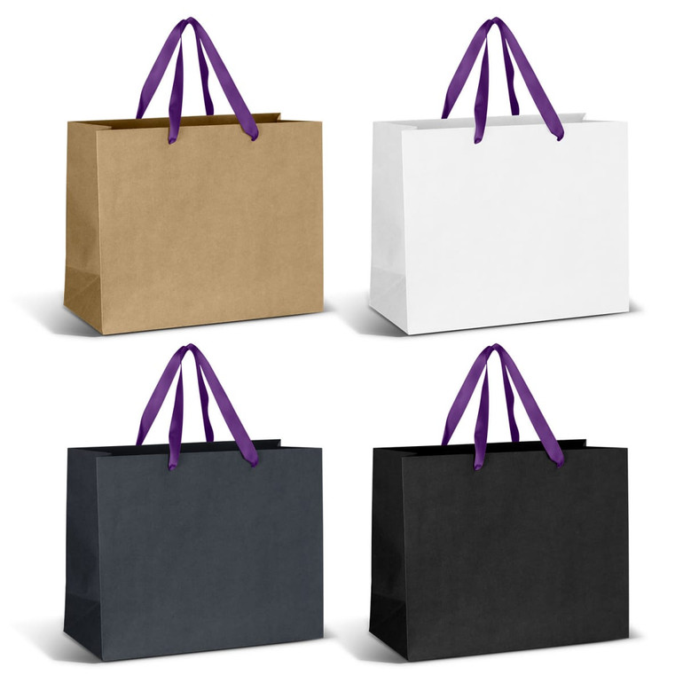 Large ribbon handle paper bags in brown, white, and black with purple handles, featuring a logo on each bag. Large ribbon handle paper bags in brown, white, and black with purple handles, featuring a logo on each bag.