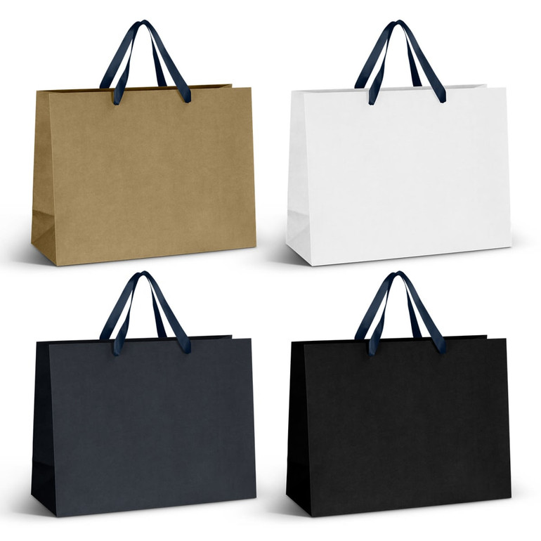 A collection of extra large ribbon handle paper bags in gold, white, and black. Each bag features a branded logo.
