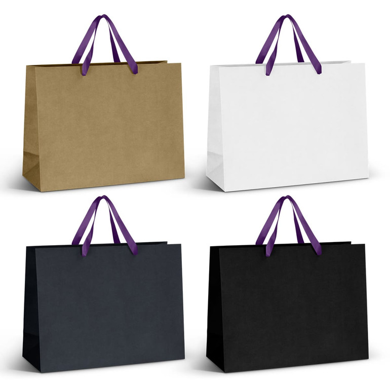 Four extra large ribbon handle paper bags in gold, white, black, and dark grey, featuring purple handles and a logo.