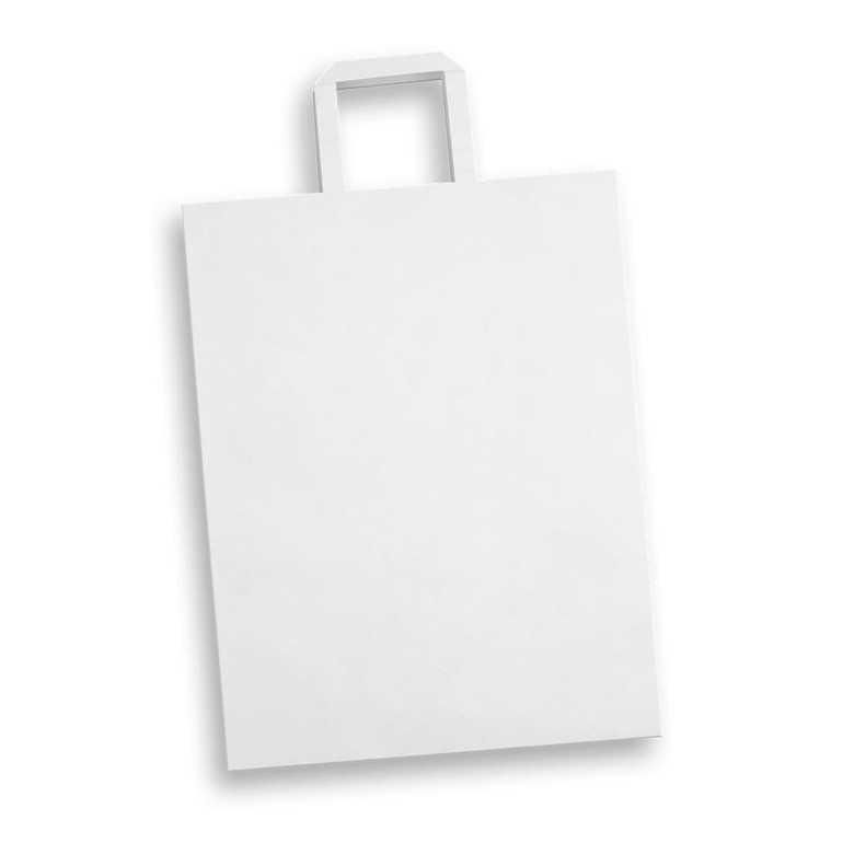 A white extra large flat handle paper bag with a simple design and a logo at the top.