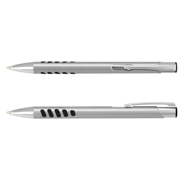 A metal pen in silver with black accents and grip features, featuring a clip and a logo.