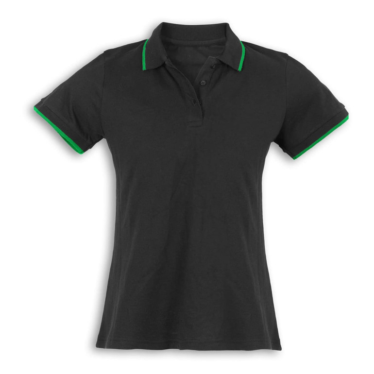 A black women's polo shirt with green accents on the collar and sleeves. It features a logo.