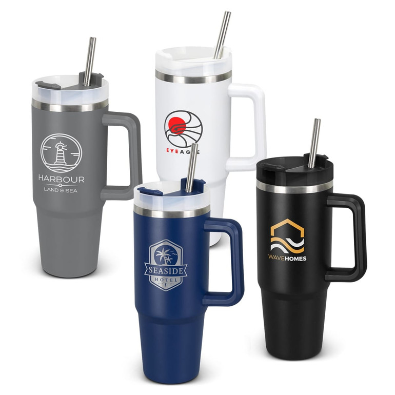 A drink bottle collection featuring grey, white, navy blue, and black vacuum cups with logos and reusable straws.