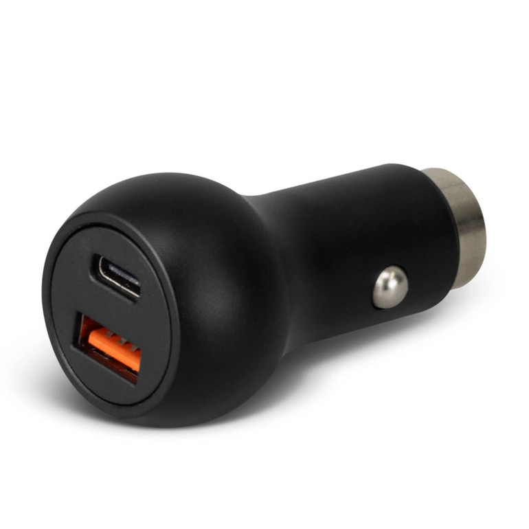 A black USB car charger with one USB-A and one USB-C port, featuring a rounded design and a silver connector.