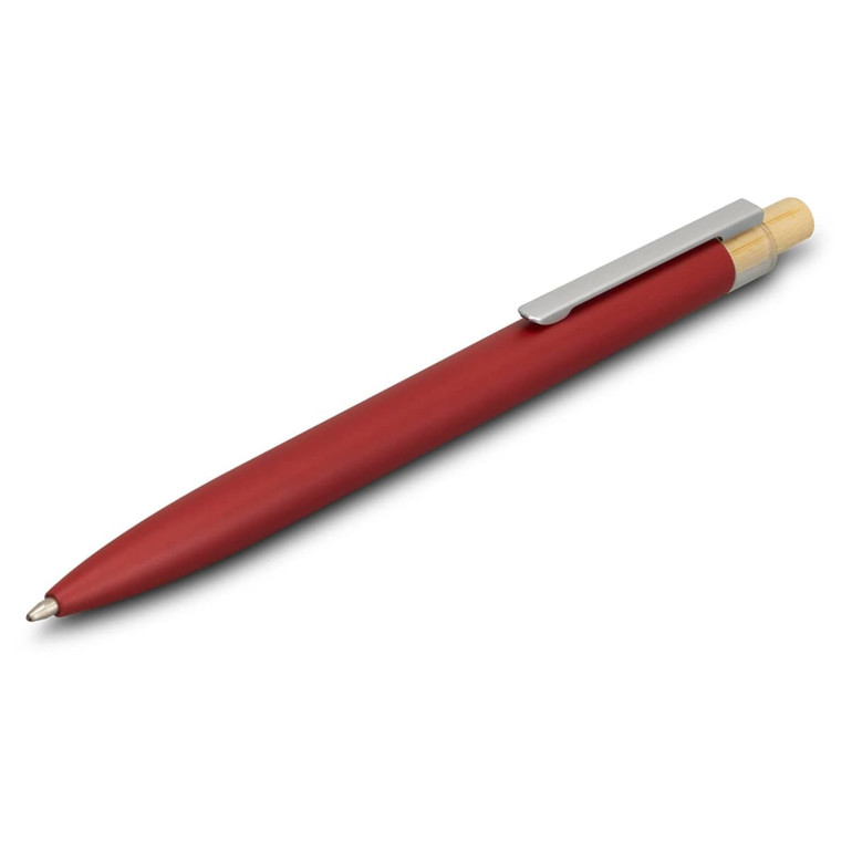 A red metal pen with a silver clip and tip, featuring a logo on its side.