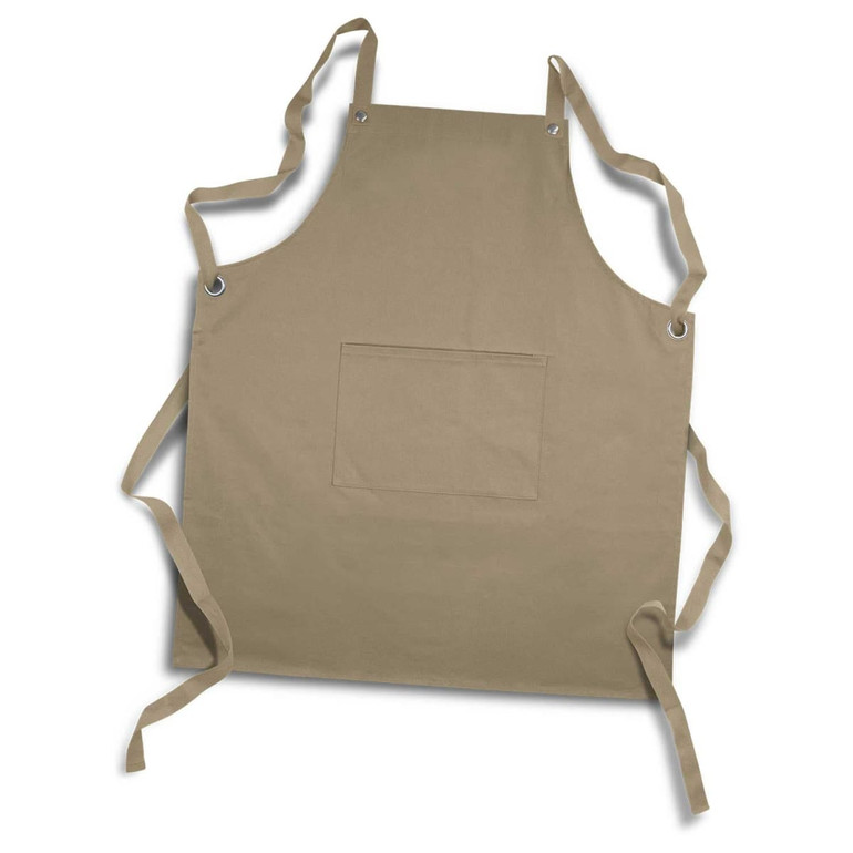 A khaki apron with a front pocket and adjustable ties, featuring a logo on the front.