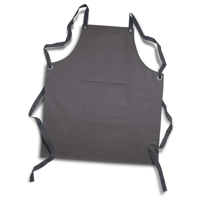 A charcoal grey bib apron with a front pocket and adjustable ties. It features a logo on the side.