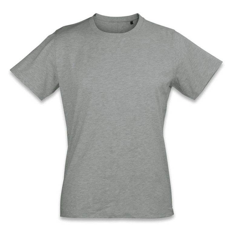 A light grey women's T-shirt with a rounded neckline and short sleeves. It features a logo on one side.