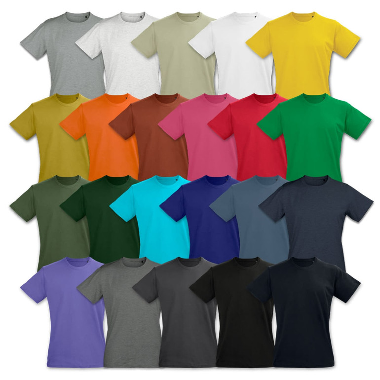 A variety of TRENDSWEAR original women's T-shirts in multiple colours, arranged in a grid pattern.