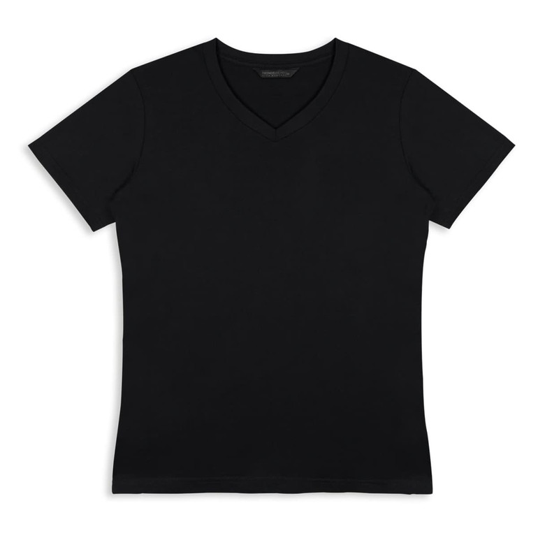 A black women's t-shirt with a v-neck design, featuring short sleeves and a fitted style. It has a logo.