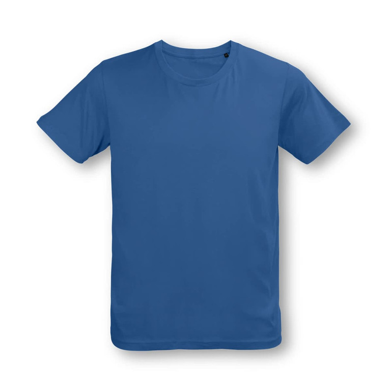 A blue youth t-shirt featuring a round neckline and short sleeves, with a branded logo.