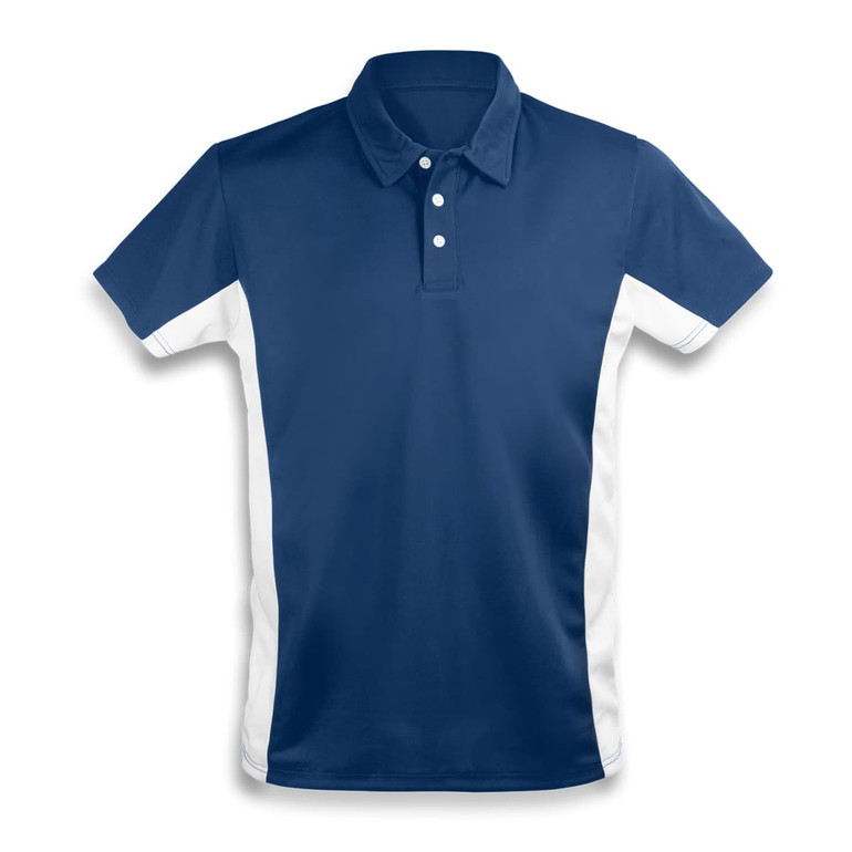 A navy blue polo shirt with white side panels and a classic collar. It features three buttons and a logo.