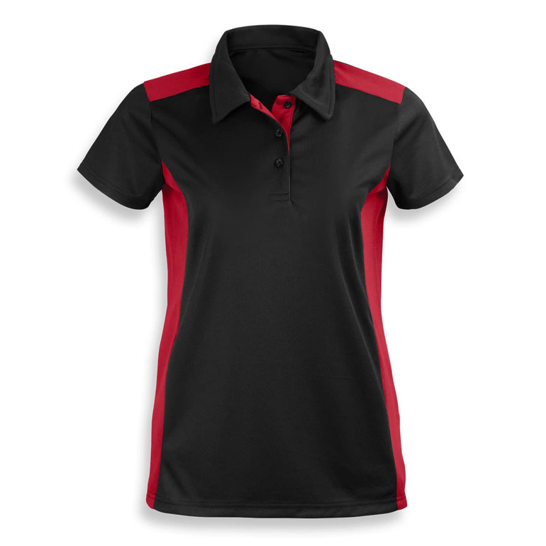 A women's polo shirt in black with red accents, featuring a collar and buttons, and a logo on the front.