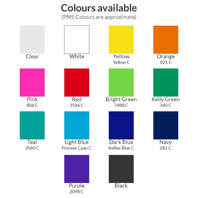 A colour chart displaying various drink bottle options, including clear, white, yellow, pink, red, and others.