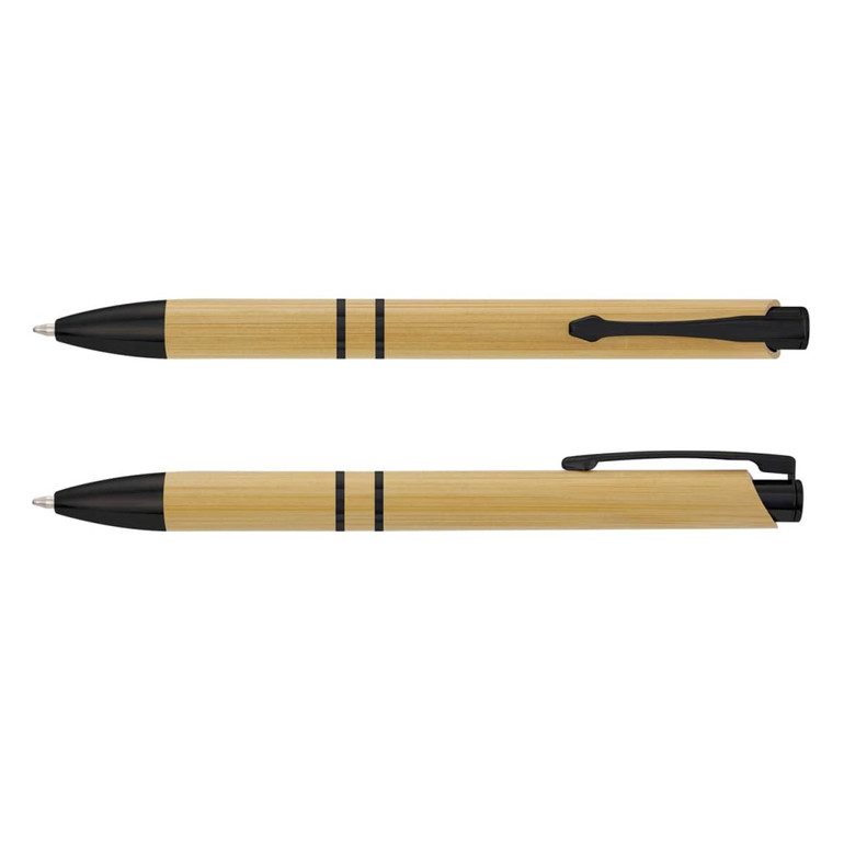 A bamboo pen set featuring natural bamboo colour with black accents and a clip, showcasing two different models.