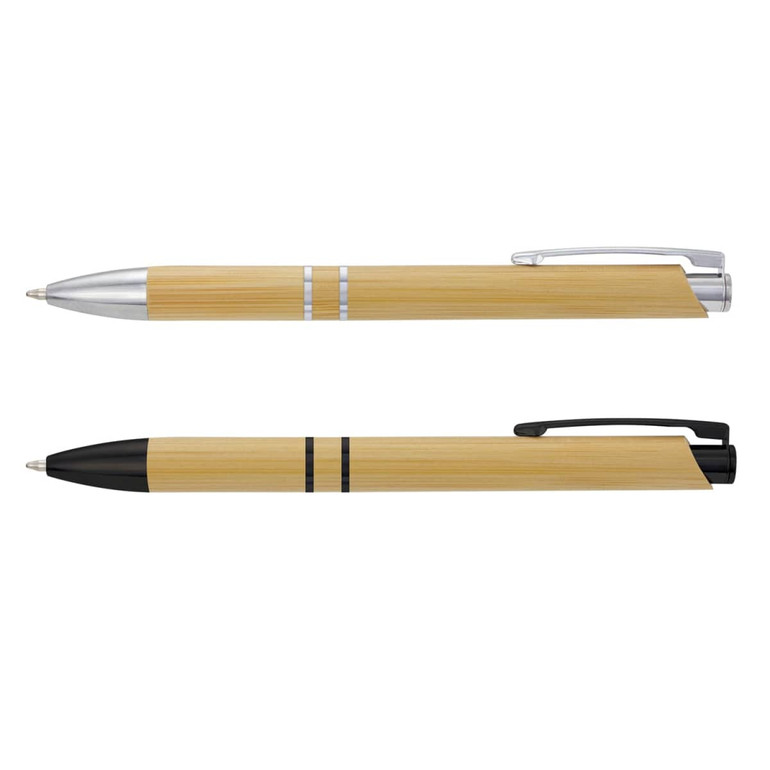 Two bamboo pens, one with a silver trim and the other with a black trim, both featuring a logo.