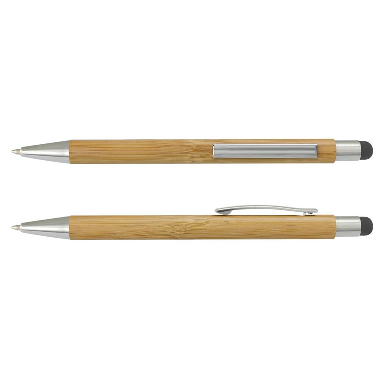 A bamboo stylus pen featuring a silver clip and tip, showcasing a natural wood finish and a sleek design.