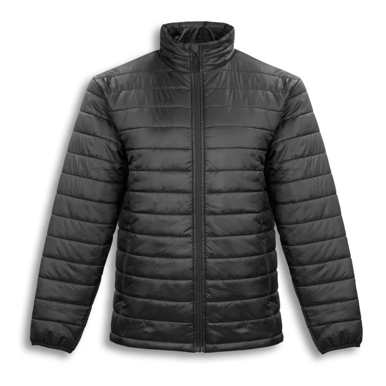 A black puffer jacket with a zip front, high collar, and horizontal quilted design. It has a logo on the chest.