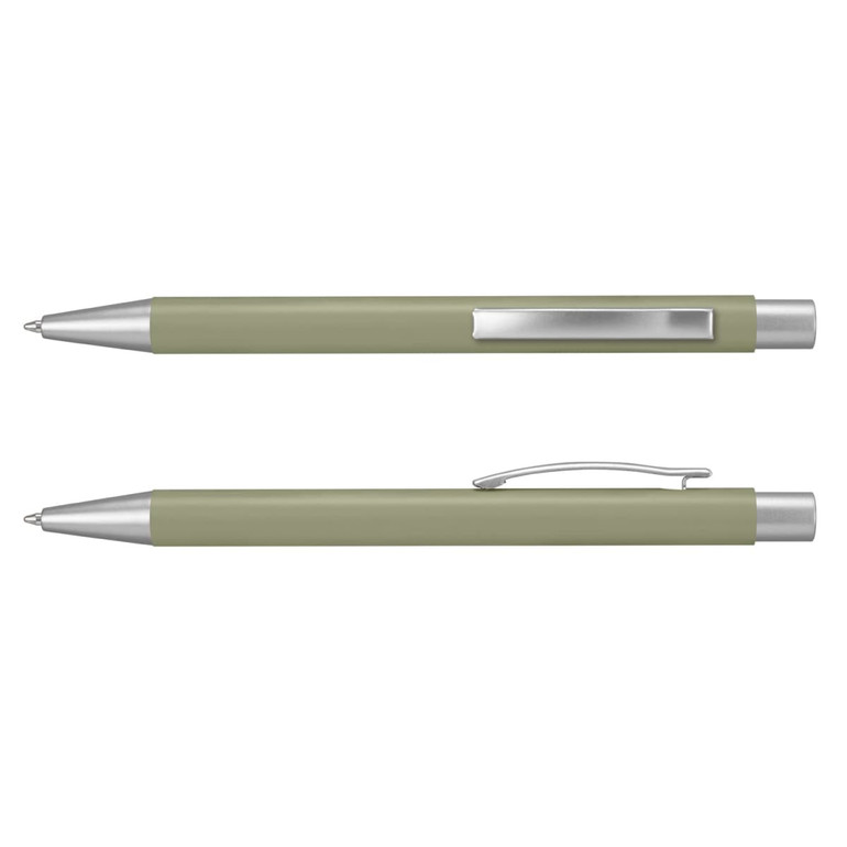 A green metal pen with silver accents, featuring a clip and a smooth design. It has a branding logo.