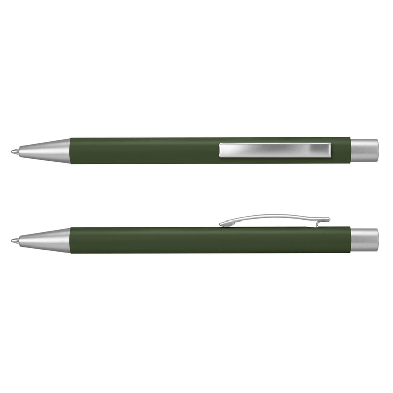 A metal pen in a matte green finish with silver accents and a clip. It features a sleek, modern design.