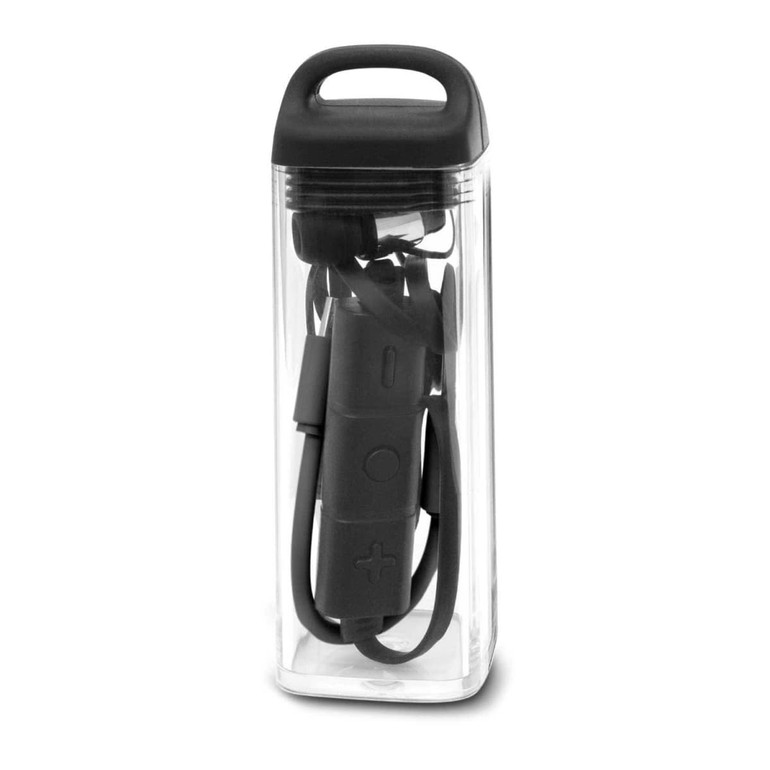 Tycho Bluetooth earbuds in a clear container, featuring a black design with buttons for control and a handle on top.
