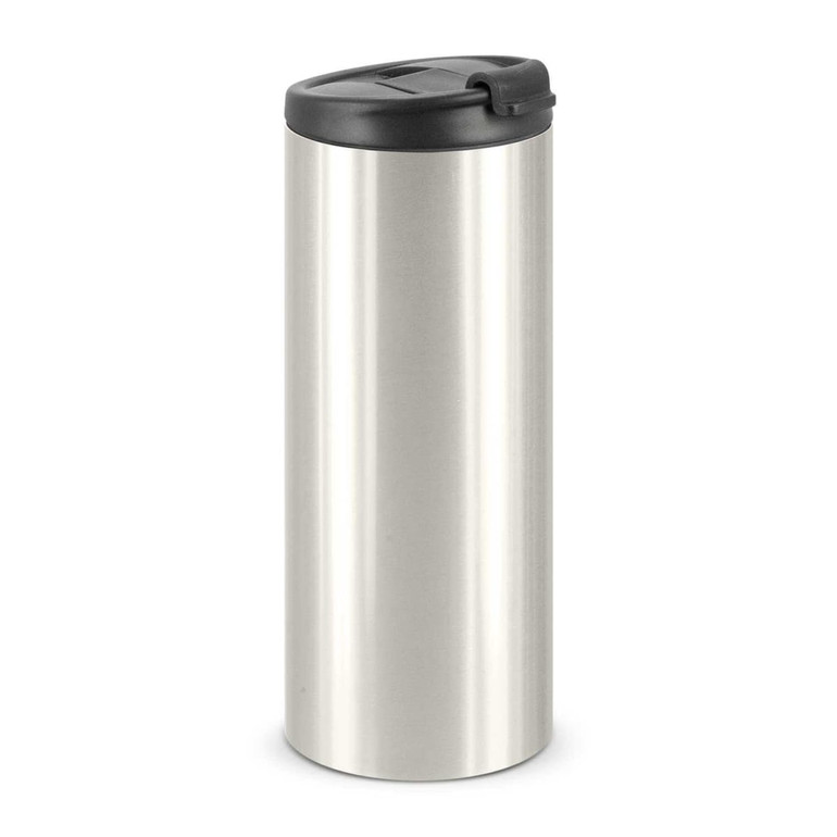 A drink bottle with a sleek stainless steel body and a black lid, featuring a logo on the front.