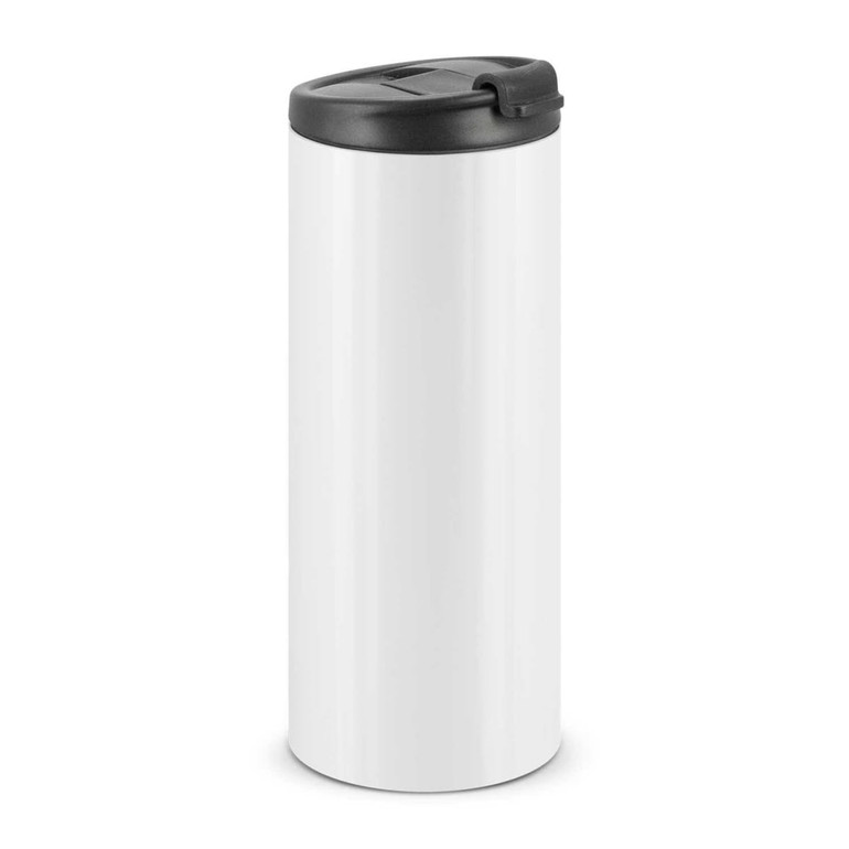 A drink bottle in white with a black lid and a logo on the side.